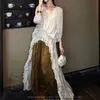 Nuevo Top Largo con Estampado de Pintura China con Tinta para Mujer, Cuello en V, Volantes, Ambiente de Estilo Nacional