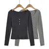 Camiseta a Rayas de Manga Larga con Botones y Cuello en V de Moda para Mujer, Versátil Camisa Base Ajustada a la Moda con Top Corto