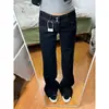 Jeans boca de sino de cintura dupla de baixa altura estilo high street americano para mulheres, calças largas de perna larga estilo retrô de verão slim fit azul escuro