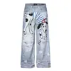 G69729 Jeans Masculino Largo de Cintura Alta Estilo High Street Retrô Americano Tendência Estampa de Cachorro Desenho Animado