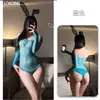 Shuoyao Lencería Sexy Estilo Europeo y Americano Tirantes Finos Jacquard Hueco Medias de Red Sexy Vestido Corto de Manga Larga Falda Reveladora Hueca para Cadera 8264
