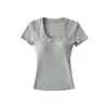 Camiseta Corta Sexy de Manga Corta con Cuello en U para Mujer, Estilo Corto con Copas, Top Ajustado Sexy que Ceñe la Cintura en Verano, Camiseta Básica de Cintura Alta