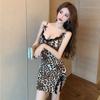 Ropa interior sexy Tiffany con lazo de encaje, camisón de cama con tirantes de leopardo, tentación y pasión.