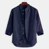 Camisa de Rayas Estilo Coreano para Hombre con Cuello Mao, Camisa de Lino Holgada Casual Transpirable, Top Juvenil de Manga Tres Cuartos para Hombre