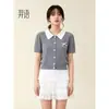 Blusa de Tricô Color Block Jovem com Laço, Gola Peter Pan Cinza Estilo Francês, Nova para o Verão 2026, Moda que Reduz a Idade