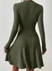 Vestido Casual Fashion Feminino Amazon Comércio Exterior Europeu e Americano Costela Manga Longa Decote V Cintura Marcada