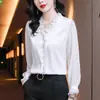 Camisa de Punto Casual de Moda con Cuello en V y Puntadas de Encaje de Manga Larga para Mujer, Top de Camisa Elegante de Gasa para Primavera y Otoño de Color Sólido