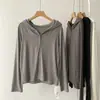 Cárdigan con capucha de color liso pegajoso para mujer, otoño e invierno, estilo coreano, corte ajustado, estiliza, manga larga, chaqueta casual, sudadera corta