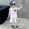 Terno de colete sem mangas de lapela para meninos 2024 verão novo para crianças bonito casual de duas peças roupas de bebê na moda