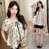 Verão 2024 Novo Top de Manga Curta com Laço Camisa Boneca + Shorts de Suporte Abdominal Roupa Emagrecedora Traje para Gestantes Moda
