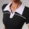 Camiseta Esportiva Gola Polo Color Block para Mulheres 2026 Lançamento Verão Toque Nu Yoga Manga Curta Soltinha Roupa de Fora Fitness
