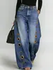 Jeans de Nuevo Estilo Transfronterizos Europeos y Americanos para Mujer con Diseño de Ojales Metálicos Casuales Sueltos de Cintura Alta Pierna Ancha Amazon