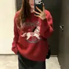 Suéter Rojo de Lana 100% Bordado con Caballo para Mujer, Estilo de Alta Gama Otoño e Invierno, Se Puede Usar como Capa Base o Exterior, Suéter de Punto sin Cierre