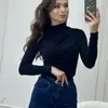 Top feminino de manga comprida sexy para comércio exterior europeu e americano, nova camiseta da Amazon, gola alta, slim, camisa base, top para atacado