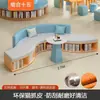Estante de biblioteca escolar sofá combinação curva criativa modelo, estante de leitura de formato único área de armazenamento área de descanso banco longo