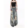 Calça Jeans Rasgada Estilo Americano para Mulheres, Design de Verão, Calça Reta de Cintura Alta com Barra Larga