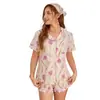 Cárdigan de Punto Burbuja Arrugado de Color Claro Transfronterizo Europeo y Americano Pijama para Mujer, Pantalones Cortos de Manga Corta de Comercio Exterior, Conjunto Casual Transpirable para el Hogar