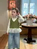 Chaleco de Punto para Niña Otoño Nuevo Chaleco Infantil con Parche de Lunares, Camisa Base con Patrón de Conchas, Jeans para Bebé