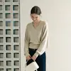 Suéter de punto de lana para mujer con cuello en V relajado y tejido de sarga, camisa base casual para capas 2211