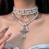 Colar de Pérolas Corrente Clavícula Cravejado com Diamantes Olho de Gato Cruz Oval Distintivo Longo Pérola Estilo Francês Colar Retrô para Mulheres