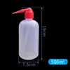 Botella de lavado de plástico, 250 ml, 500 ml, boca roja, para experimentos químicos, con codo y boquilla blanca.
