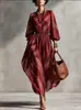 Coleção outono 2026 europeia e americana transfronteiriça: vestido maxi estampado em sarja, com mangas bufantes e saia ampla, cintura marcada, perfeito para férias em um resort