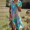 2026 Moda Feminina Europeia e Americana Amazon Site Independente Estampa Boêmia Manga Curta Vestido com Gola Lapela