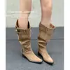 Botas Slouch com Fivela de Camurça para Mulheres, Botas Longas de Cano Largo, Novo Estilo de Outono, Bico Quadrado, Salto Médio Robusto, Botas Acima do Joelho, Botas de Equitação