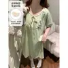 Pijama de Verano Suelto de Manga Corta para Mujer con Almohadillas Integradas en el Pecho, Lindo Moño de Dibujos Animados, Talla Grande Ropa de Casa que Se Puede Usar Afuera
