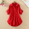 Camisa de gasa de manga corta de longitud media para mujer 2022 verano Nuevo talla grande cintura suelta adelgazante top de gasa para mujer moda