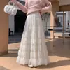 Saia de bolo plissada de malha estilo delicado para mulheres, nova coleção de outono, saia longa casual com caimento plissado e barra larga