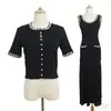 Conjunto de Punto de Color Sólido para Principios de Verano con Cuello Redondo, Adornos de Perlas, Cárdigan Corto, Vestido sin Mangas tipo Camiseta y Conjunto de Dos Piezas Estilo Chanel