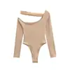 Body Sexy de una Sola Manga Larga de Estilo Americano Picante para Mujer, Nuevo para Primavera y Otoño, Elástico Ajustado de Color Sólido, Camiseta Base