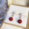 Pendientes de estilo francés con circonitas y perlas rojas, pendientes femeninos de plata S925 con aguja, elegantes y combinables para Año Nuevo.