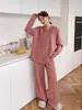 Suéter con Capucha y Media Cremallera Jersey Tejido Pantalones de Pierna Ancha Conjunto de Dos Piezas 2025 Otoño e Invierno Nuevo Traje Casual Holgado para Mujer
