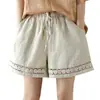Shorts de Algodão e Linho Transfronteiriços Femininos de Verão Finos Vintage Renda Vazada com Soltos Versátil Largo Tendência Calças Casuais