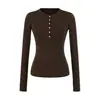 Camisa Base de Botones Estilo Americano Picante para Mujer, Cuello Henry de Otoño, Entallada a la Cintura, Hombro Normal, Manga Larga