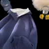 Moletom com Capuz Espesso Forrado de Lã Azul Marinho Outono e Inverno com Botões Gola Meia-Alta para Homens e Mulheres Estilo Americano Jaqueta Pesada Rígida Preguiçosa