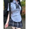 Camisa Uniforme JK Original Explosiva Cintura Feminina Design Azul e Branco Senso de Design Nicho Camisa Feminina Verão Manga Curta Japonesa