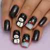 Adesivos para unhas com tema de Natal, boneco de neve preto e branco, comprimento médio, formato quadrado europeu, removíveis, 24 peças por caixa