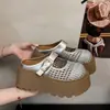 Chinelos Tecidos Vazados de Bico Fechado para Mulheres, Novo Estilo Primavera/Verão, Sapatos Mary Jane de Tira Única com Solado Grosso, Sandálias Perfuradas de Calçar