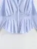 Nueva blusa de manga larga para mujer, de comercio exterior transfronteriza, con cintura fruncida, dobladillo con volantes, cuello camisero, de un solo pecho, elegante y estilizada.