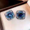 Aretes de Flor y Mariposa con Rastro de Estrella Azul Océano ~ Circón Súper Brillante Estilo Fresco y Dulce Aretes Exquisitos de Alta Gama para Mujeres