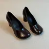 Couro Bovino Super Macio Estilo Minimalista Francês Para o Trabalho Bico Redondo Salto Alto Feminino Primavera Outono Boca Rasa Calce Fácil Sapatos Femininos Salto Bloco Sapatos de Salto