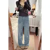 Jeans rectos de mujer con bordado de estrella azul, nuevo estilo de verano, talla grande, corte holgado, adelgazantes, pantalones de pierna ancha estrecha