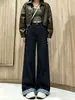 Jeans de retazos a cuadros color block estilo retro americano para mujer, nuevo estilo de otoño, corte holgado, adelgazantes y con un diseño de pierna ancha y fluido