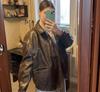 Aliexpress Amazon 2025 Retrô Americano Doce e Descolado Roupa Jaqueta de Couro Marrom Corta-Vento Solta Casual Top