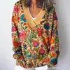 Sudadera casual de moda transfronteriza para mujer con estampado floral, cuello en V, manga larga, estilo europeo y americano