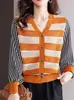 Falso Dos Piezas 2025 Otoño e Invierno Nuevo Estilo Cuello en V Elegante Cárdigan de Punto Prenda Exterior Suéter con Rayas para Mujer