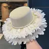 Sombrero de Paja con Encaje de Perlas Estilo Japonés Dulce para Mujer, Nuevo para Primavera y Verano, Ala Ancha, Protección Solar para Exteriores, Sombrero de Copa Blanco